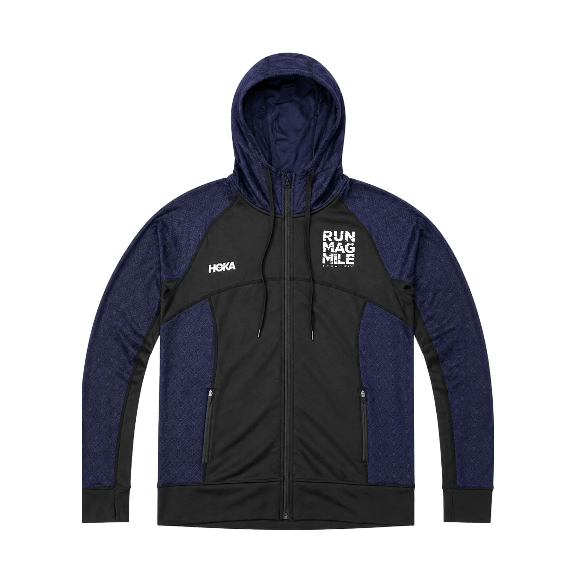 Dark purple and black hoodie with visible Run Mag Mile and Hoka logo branding 