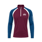 Maroon quarter zip with Santa Rosa Marathon chest logo and blue sleeves with white accents