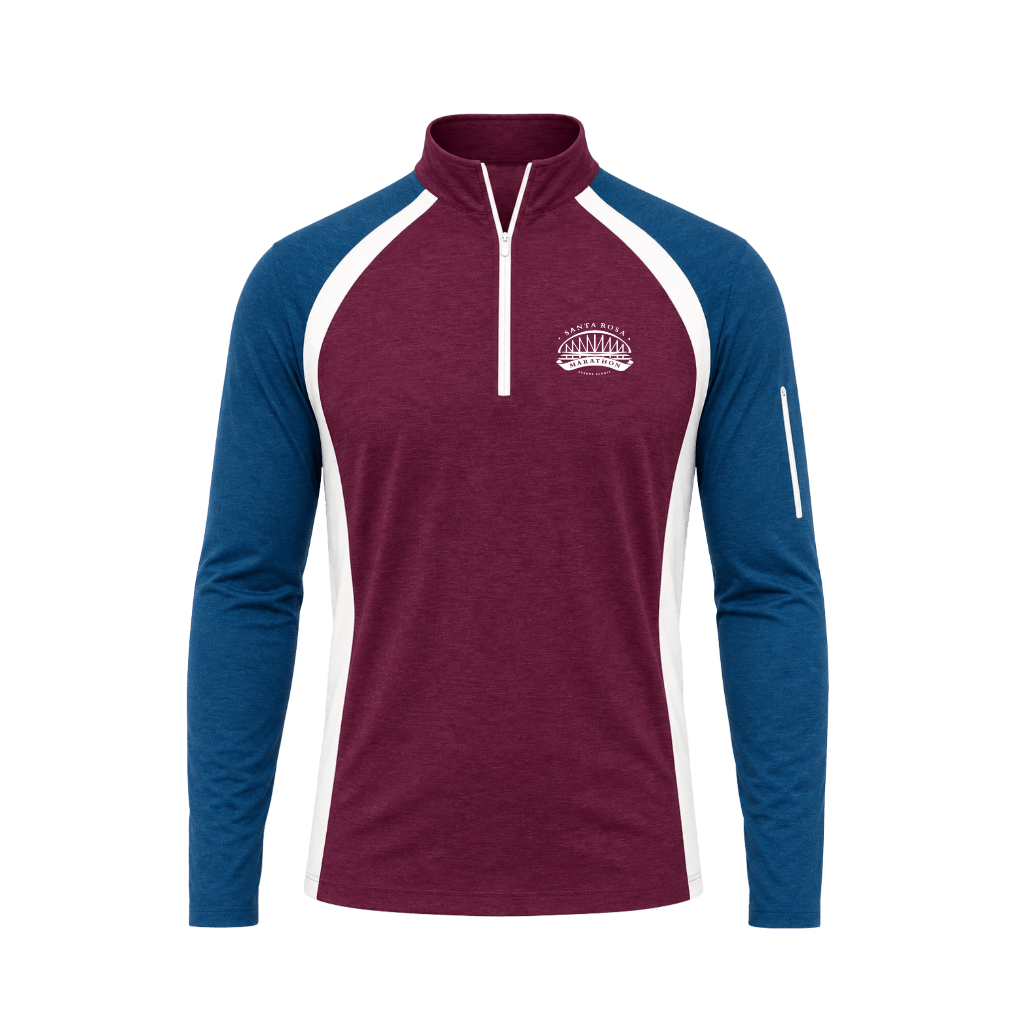 Maroon quarter zip with Santa Rosa Marathon chest logo and blue sleeves with white accents