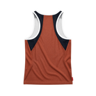 A sleeveless tank top shown from the back, featuring a rust-orange main body with dark navy shoulder panels and white trim around the shoulders