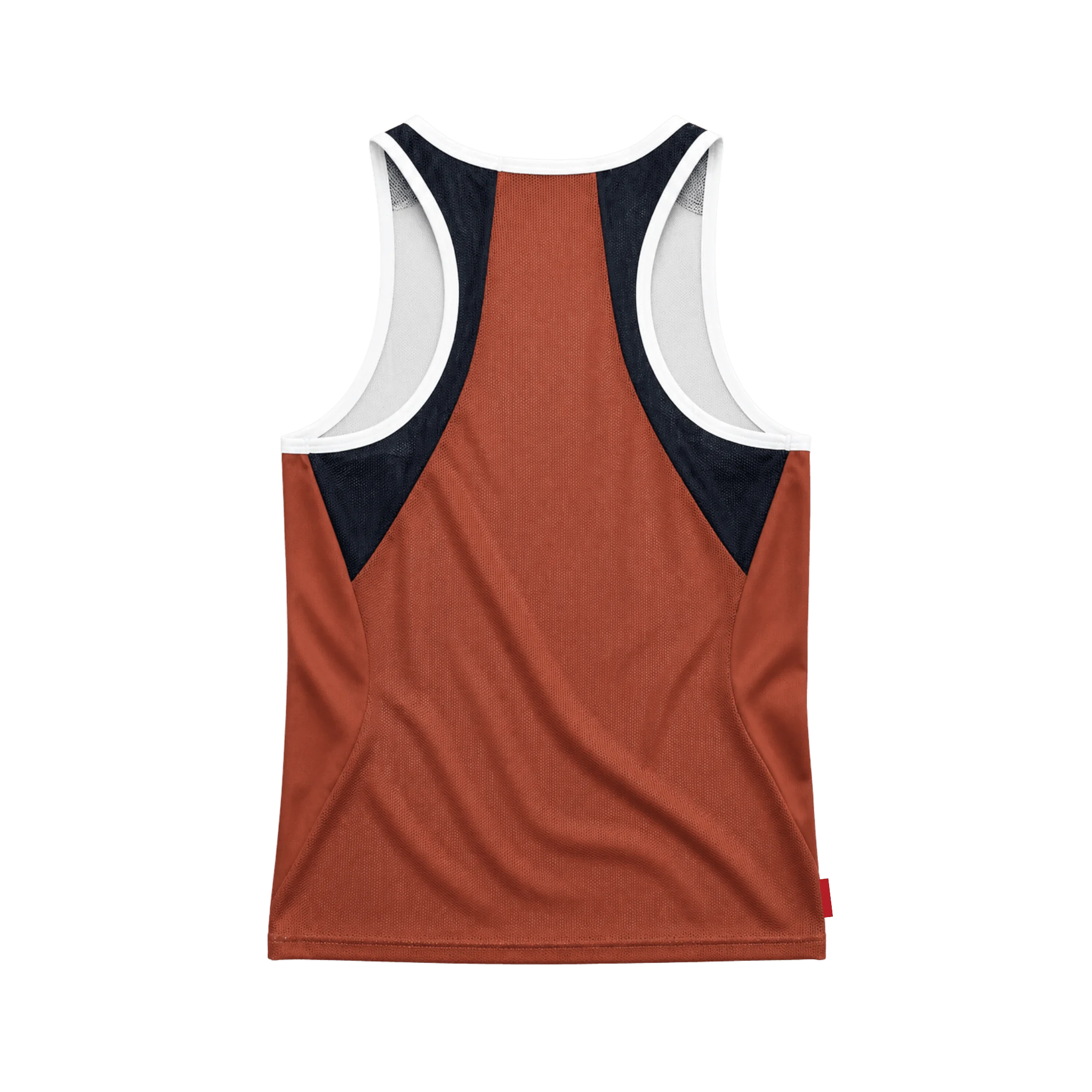 A sleeveless tank top shown from the back, featuring a rust-orange main body with dark navy shoulder panels and white trim around the shoulders