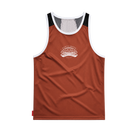 A rust-orange athletic tank top with white and navy blue trim, featuring a white 'Santa Rosa Marathon' graphic on the chest