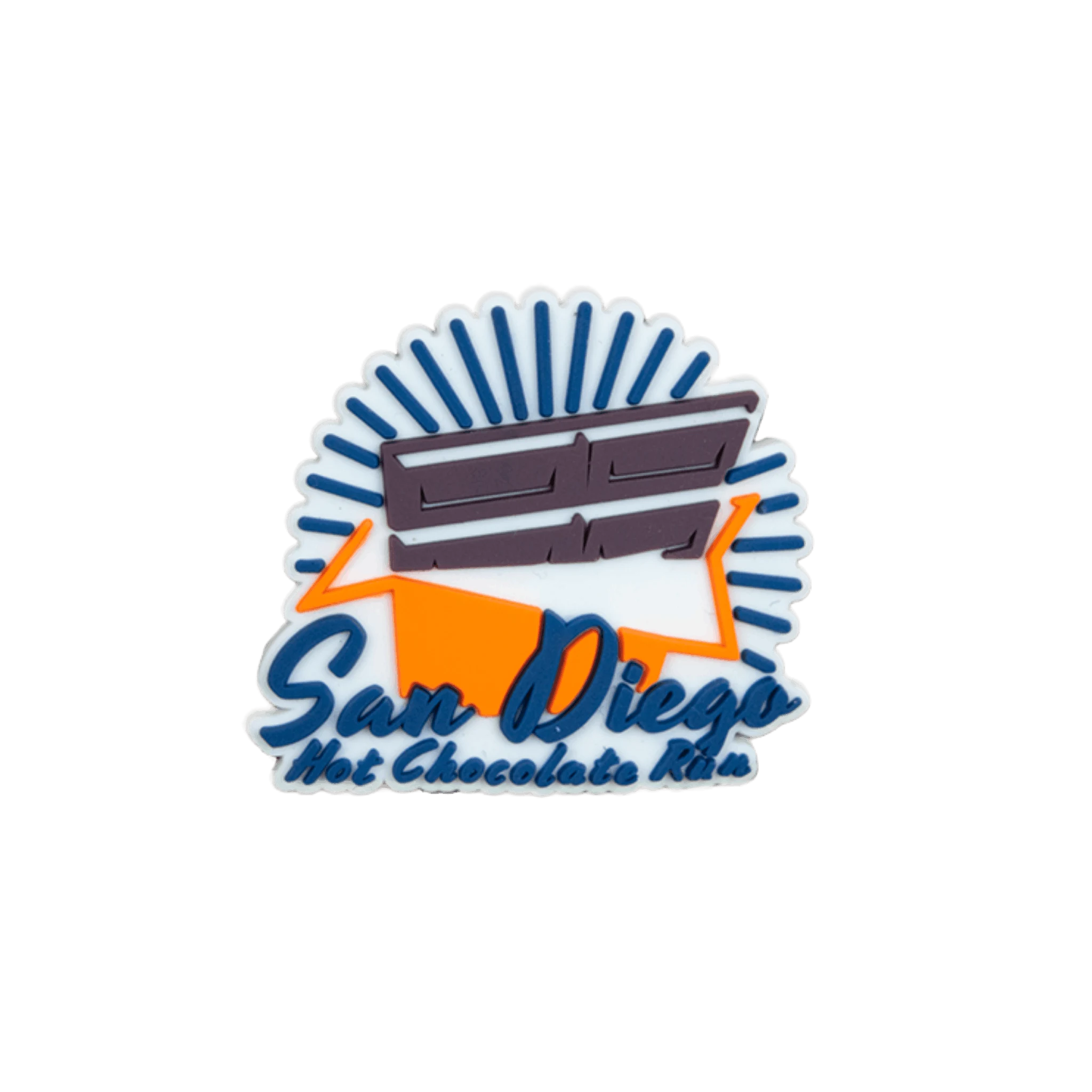 San Diego Hot Chocolate Run bar with orange and white design bib fastener 
