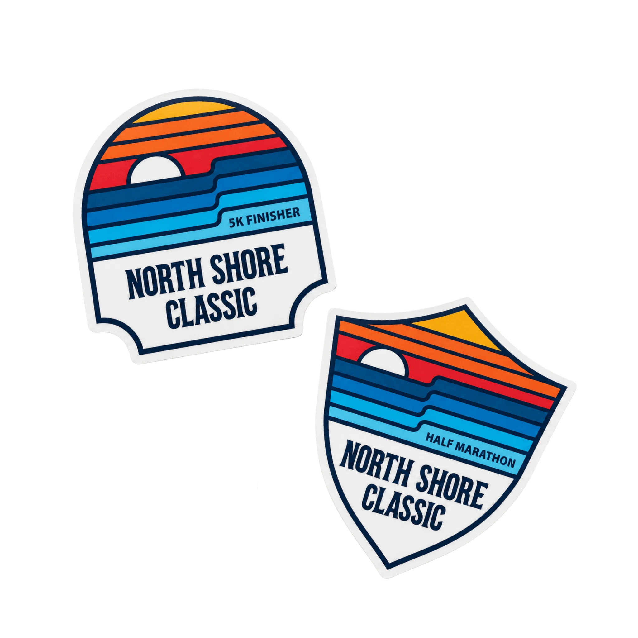 Two 'North Shore Classic' stickers with colorful design on a white background