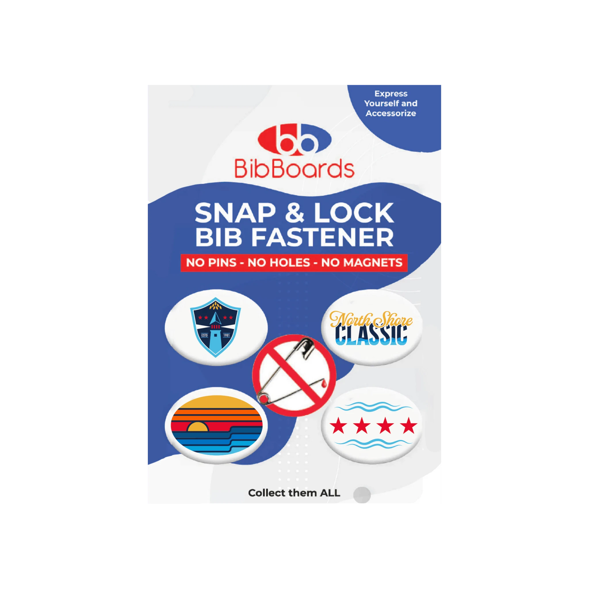Bib Boards Snap & Lock Bib Fastener packaging with colorful designs for North Shore Classic