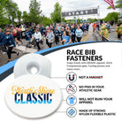 Runners at a race starting line with race bib fasteners displayed