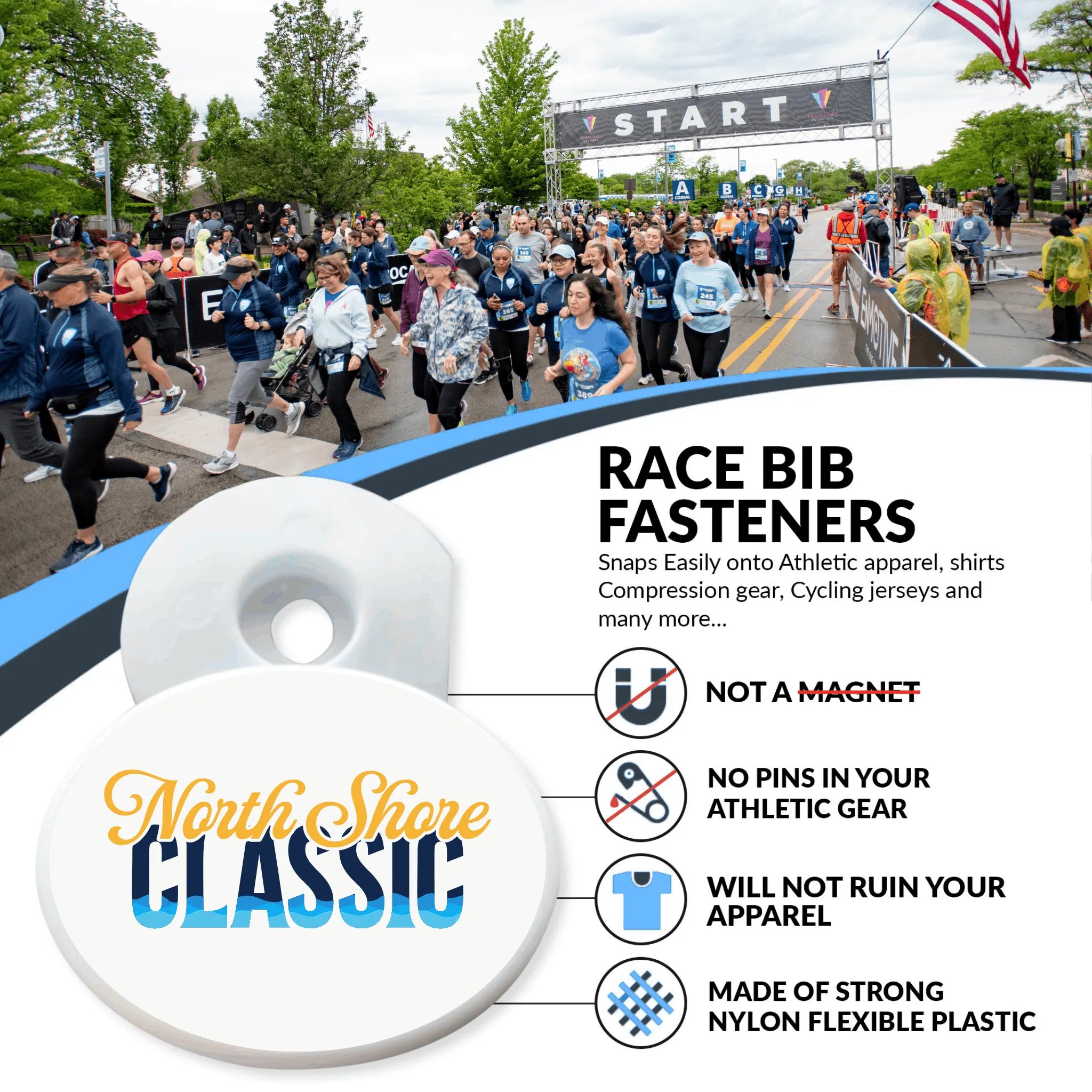 Runners at a race starting line with race bib fasteners displayed