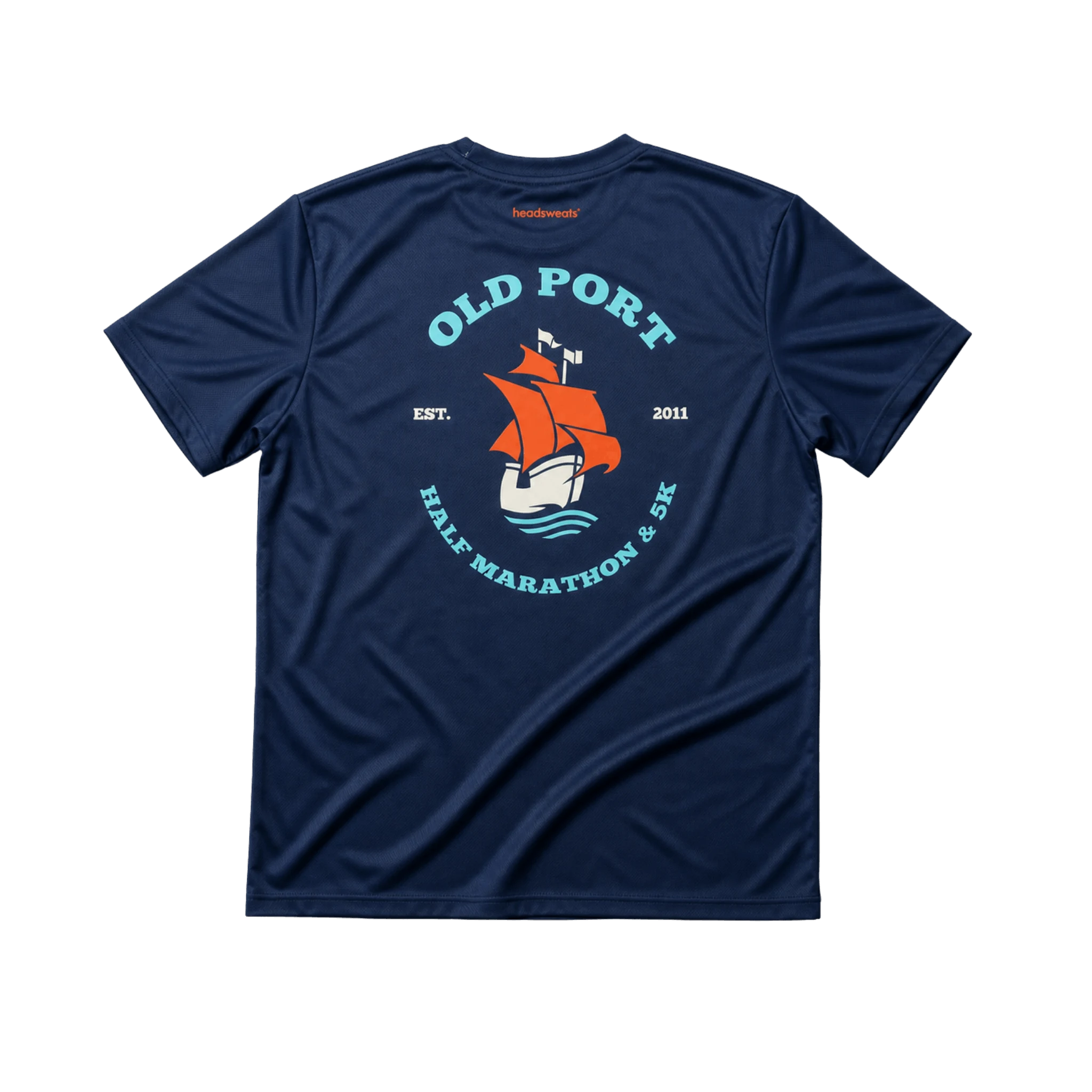 Navy blue t-shirt with 'Old Port Half Marathon & 5K' graphic