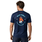 Man wearing a navy blue t-shirt with 'Old Port Half Marathon' logo on the back.