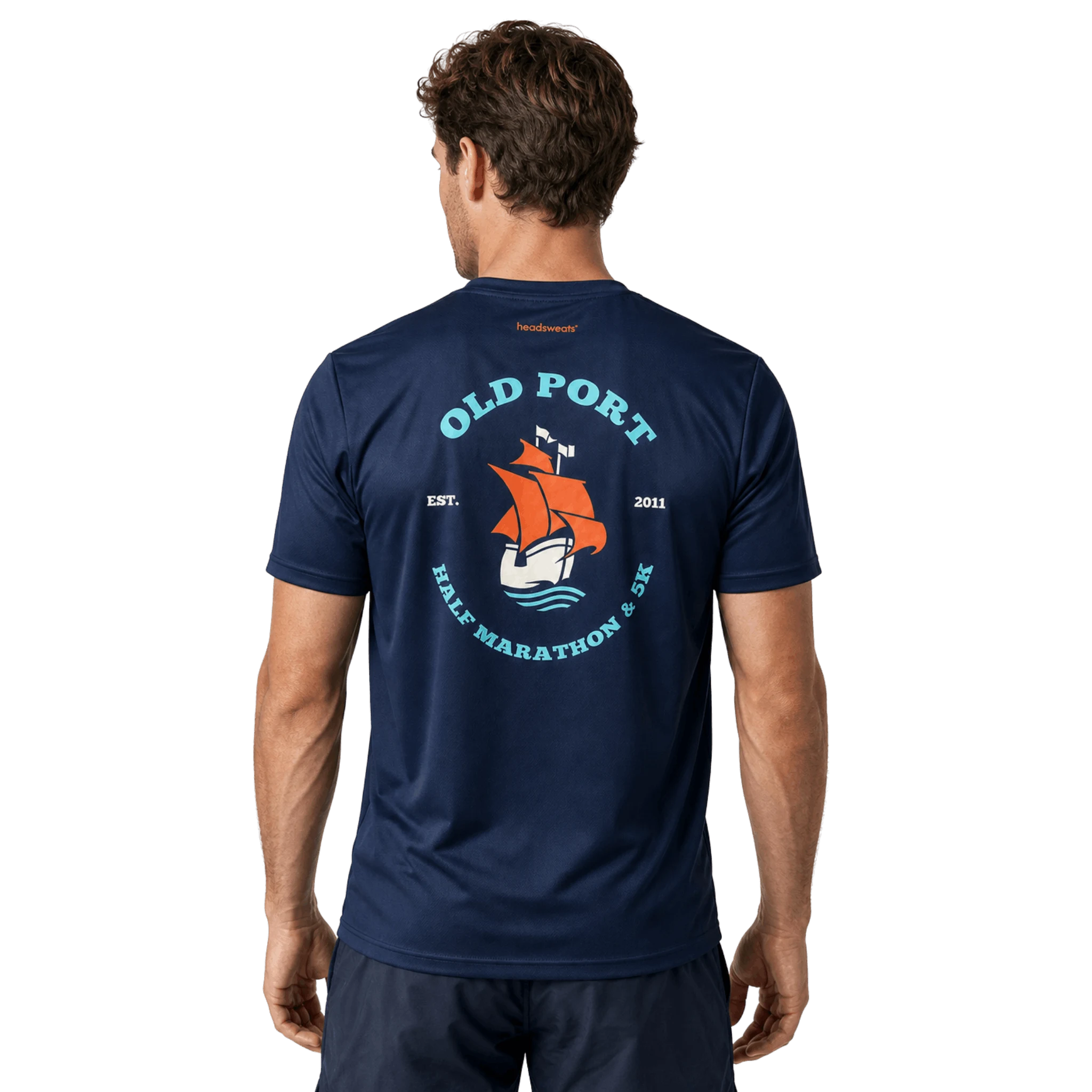 Man wearing a navy blue t-shirt with 'Old Port Half Marathon' logo on the back.