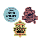 Three Old Port-themed stickers 