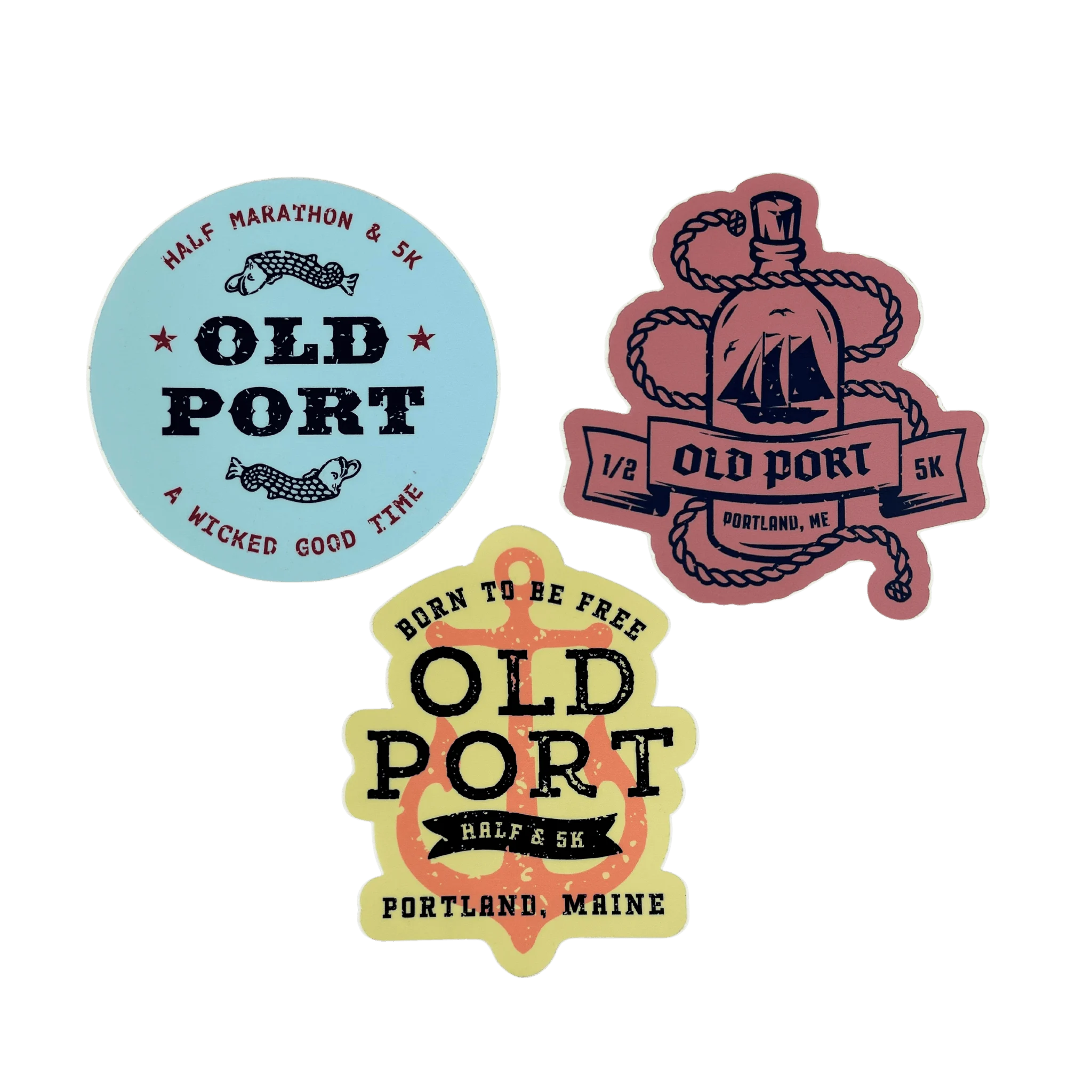 Three Old Port-themed stickers 