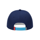 Navy blue cap with a blue strap and red tag