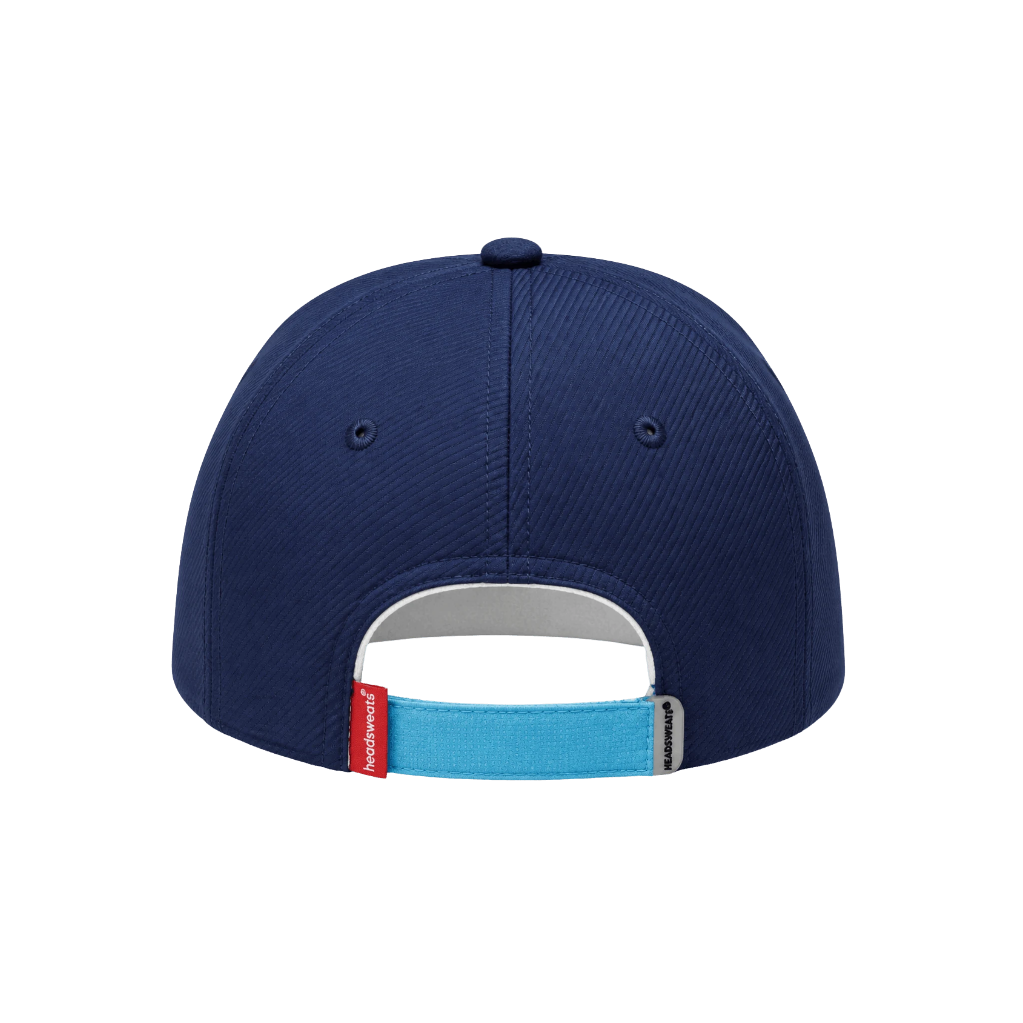 Navy blue cap with a blue strap and red tag