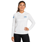 Woman wearing a white hoodie with Old Port Half Marathon and 5K logo