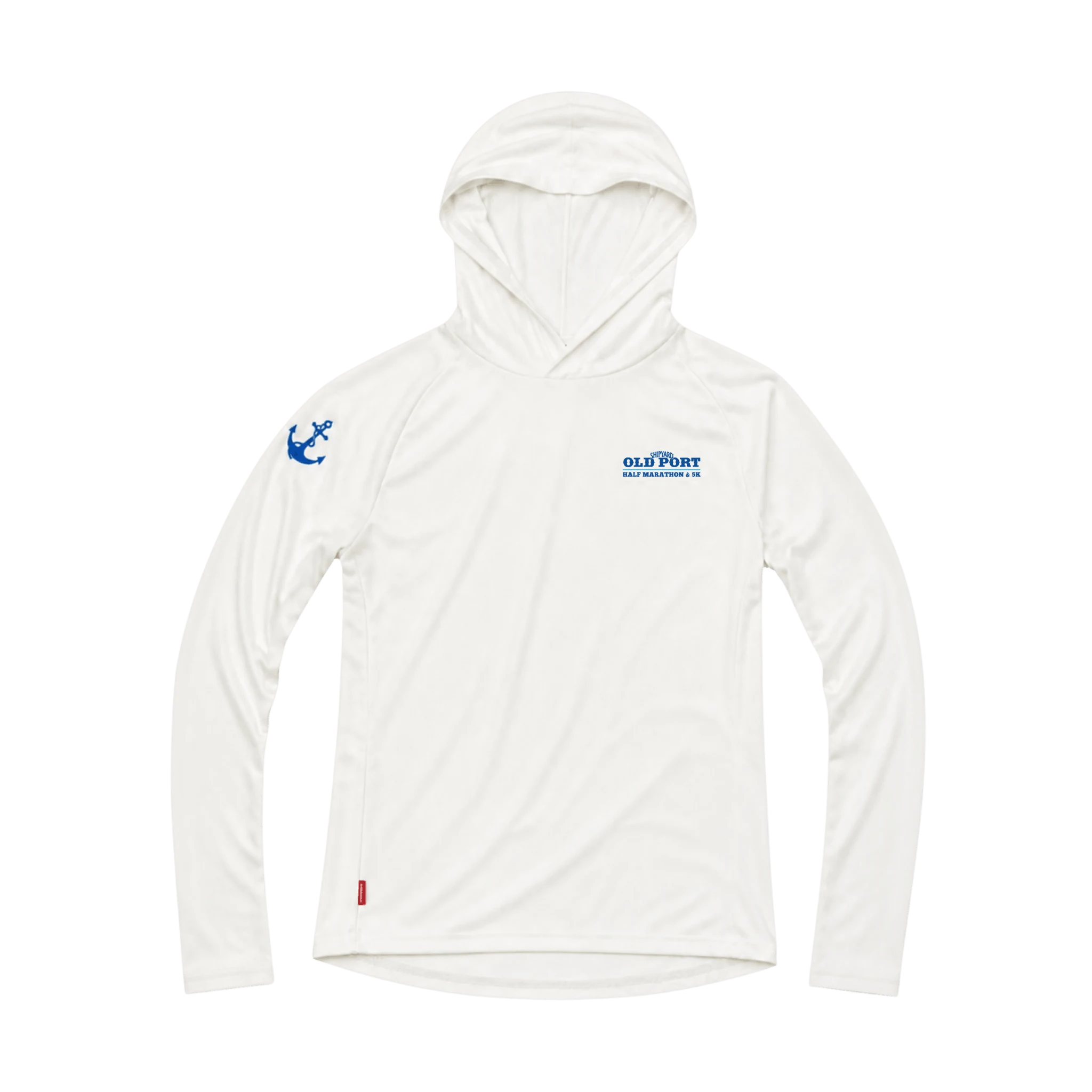 White hoodie with Old Port Half Marathon and 5K chest logo