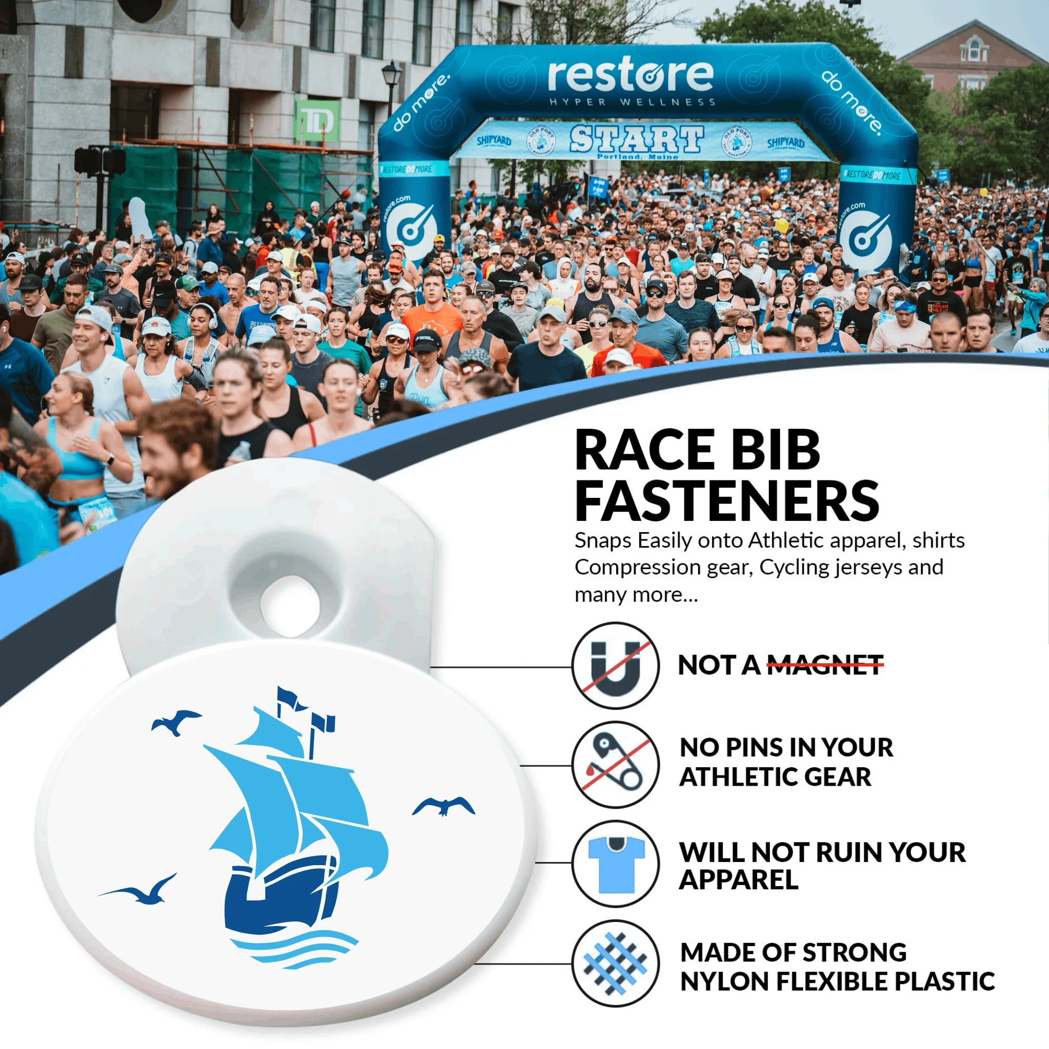 Race bib fastener with a crowd at a race start line and display