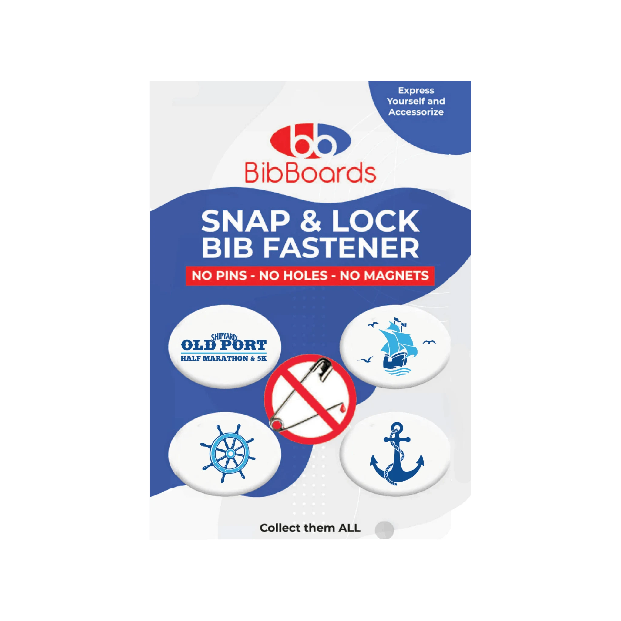 Packaging of BibBoards Snap & Lock Bib Fastener with Old Port Half Marathon and 5K illustrations