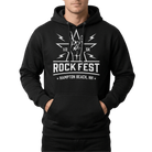 Person wearing black hoodie with white 'Rock Fest' graphic design on front