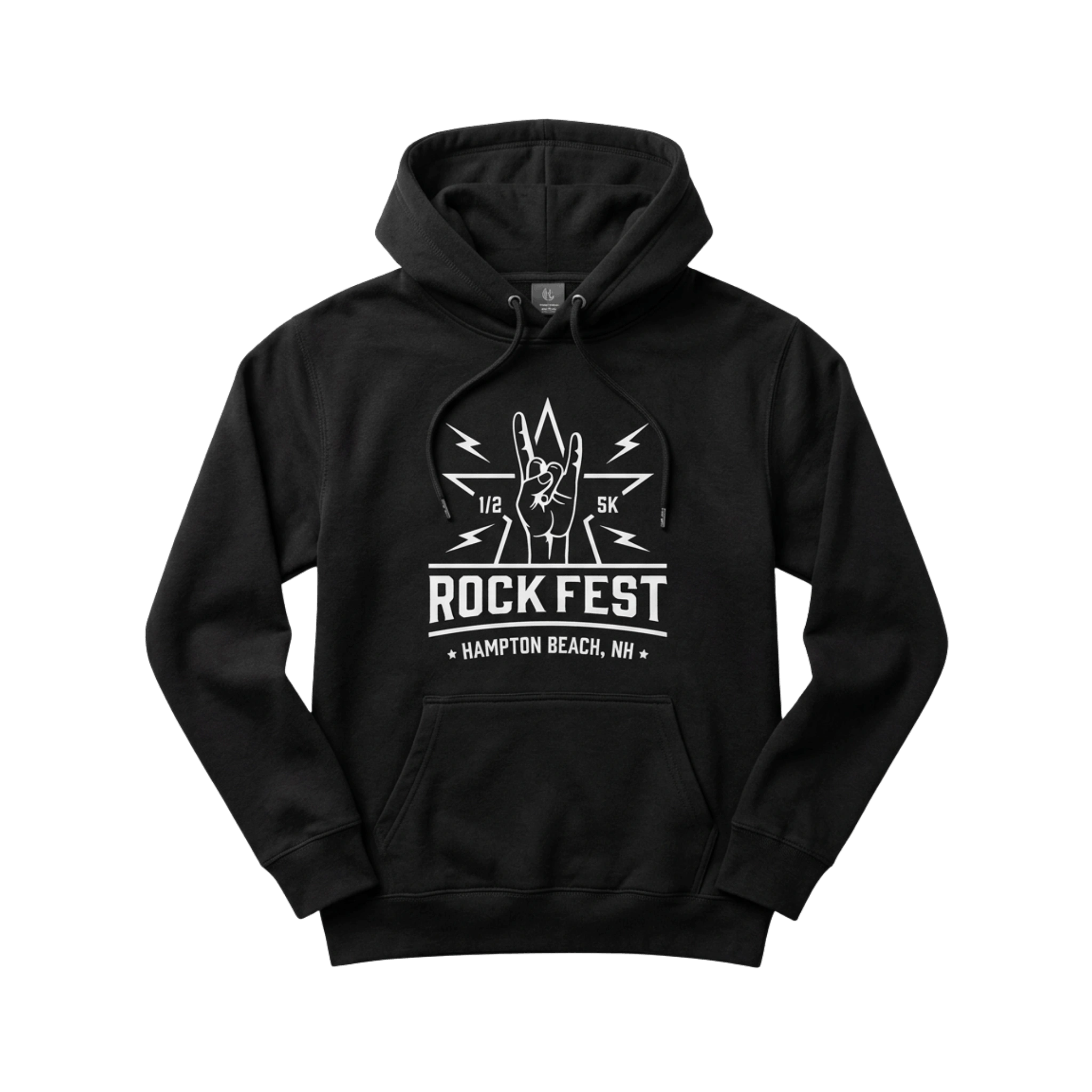 Black hoodie with white 'Rock Fest' graphic design on front