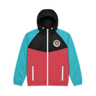 Color-blocked jacket with black, red, and teal sections