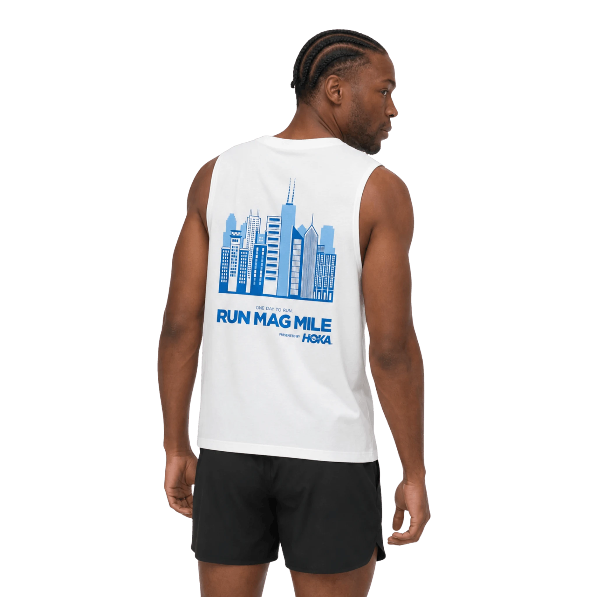 A man shown from the back wearing a white sleeveless tank top with a blue city skyline graphic and the text 'RUN MAG MILE' paired with black athletic shorts