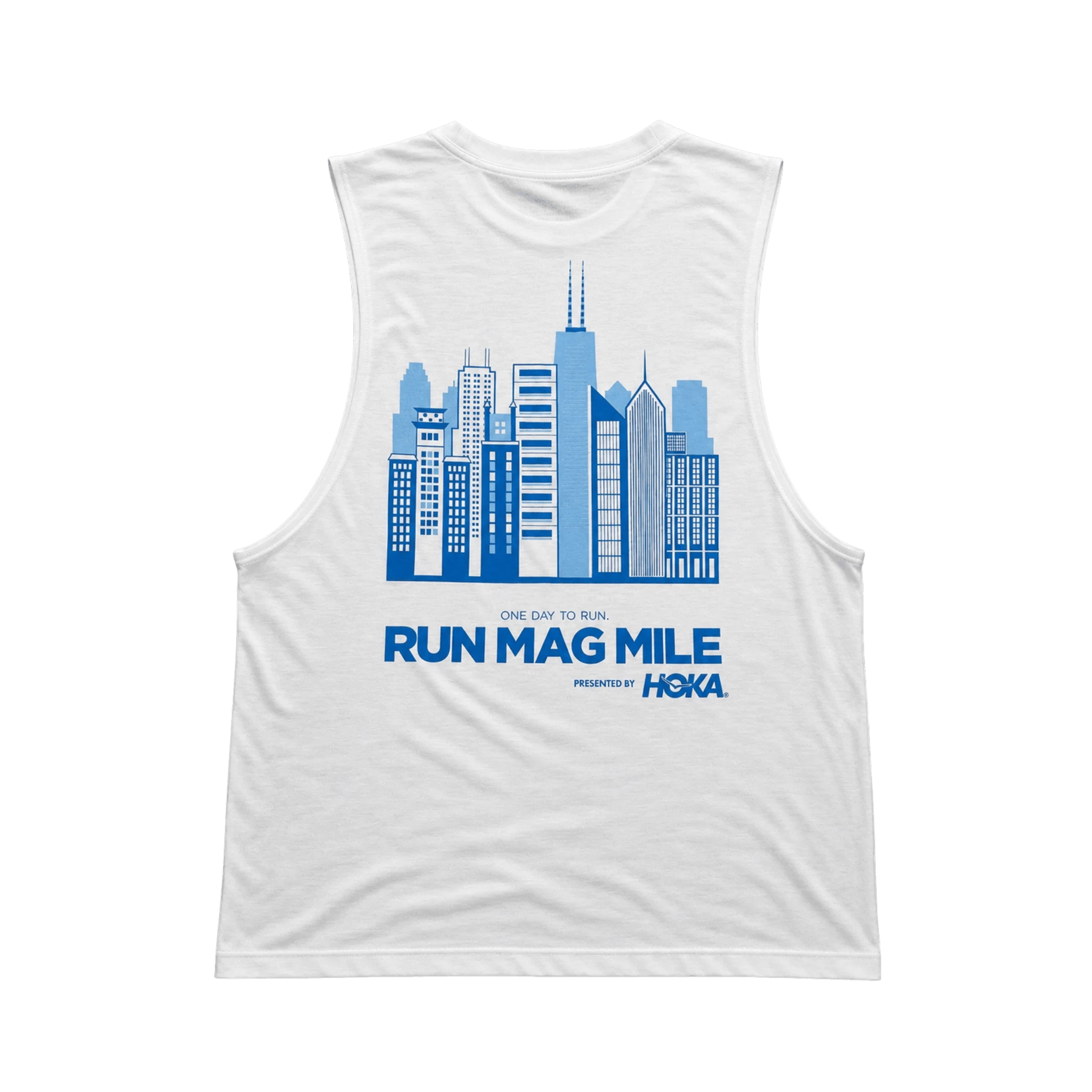 The back of a white sleeveless tank top with a blue graphic of the Chicago skyline with the text 'RUN MAG MILE' and 'HOKA' printed