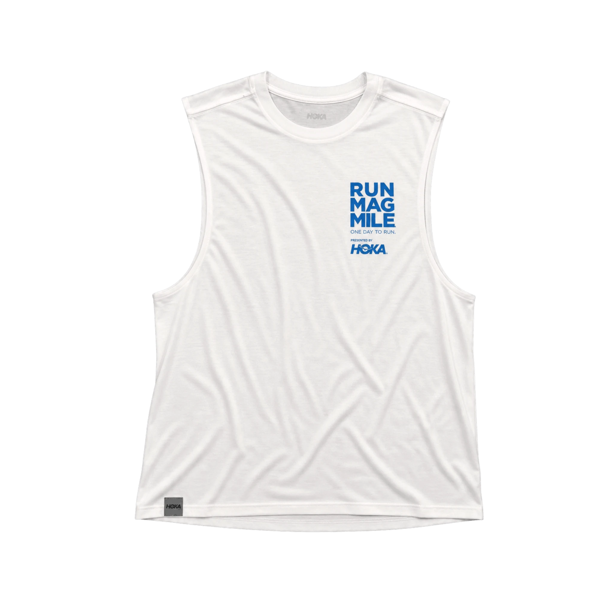 A white sleeveless athletic tank top with a blue 'RUN MAGILE' and 'HOKA' logo printed on the left chest