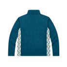Blue jacket with colorful pattern side panels 