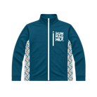 Blue jacket with colorful side panels and 'RUN MAG MILE' text with chest pocket