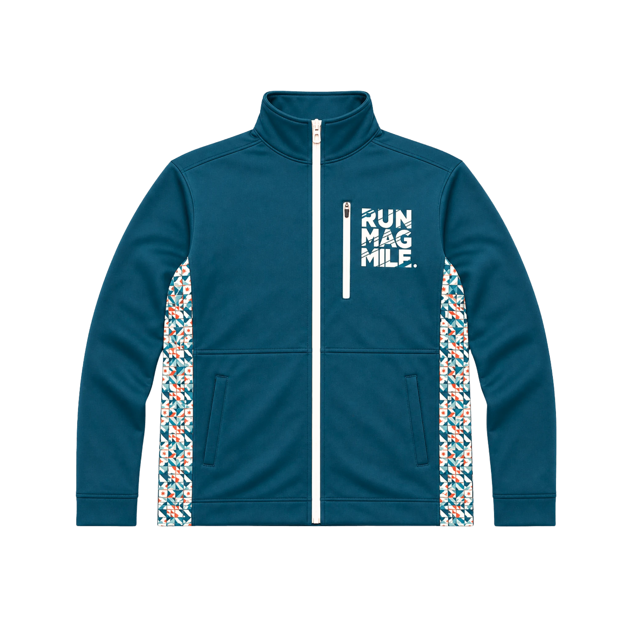 Blue jacket with colorful side panels and 'RUN MAG MILE' text with chest pocket