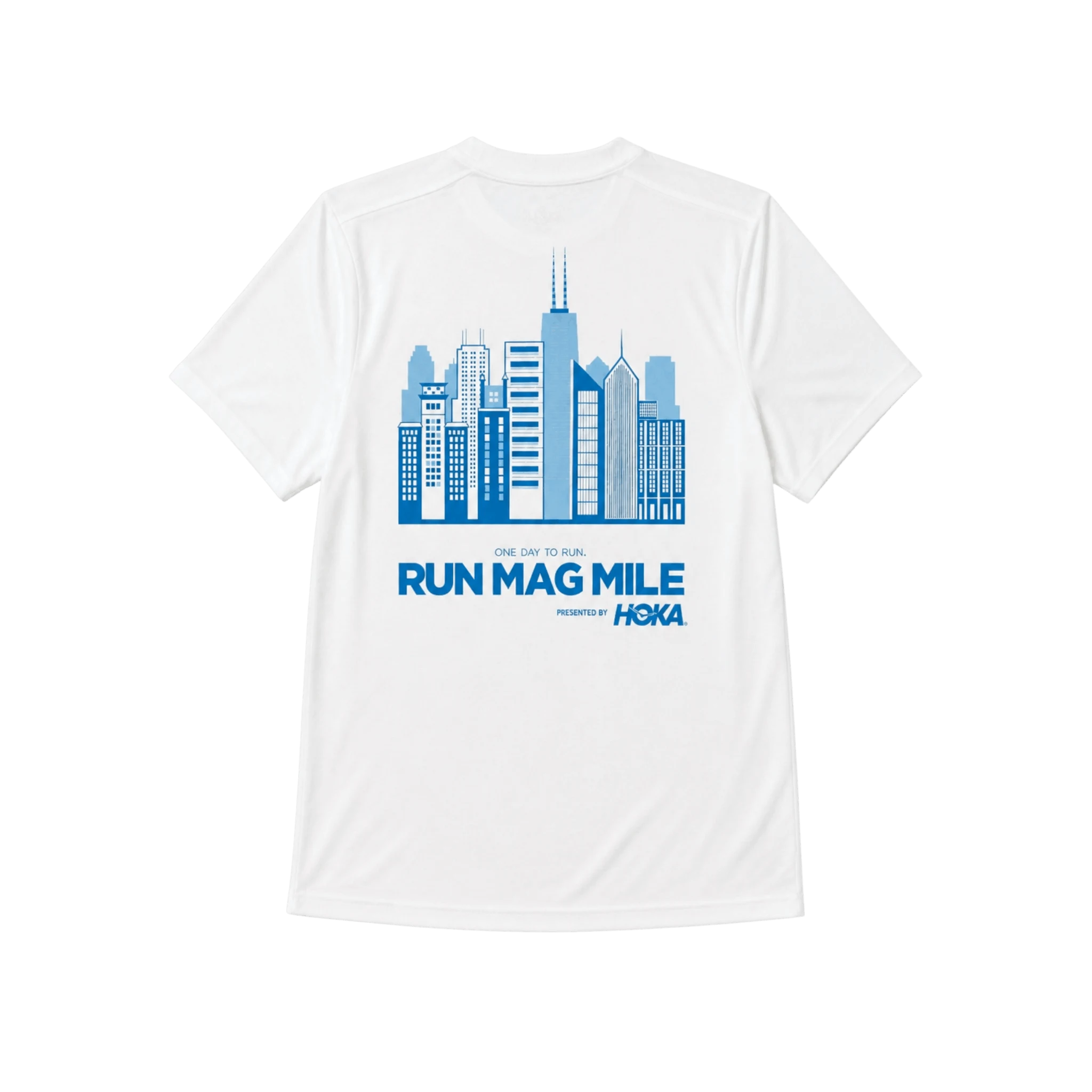 A white short-sleeve athletic T-shirt shown from the back, featuring a blue city skyline graphic and the text 'RUN MAG MILE' and 'HOKA' printed on the back