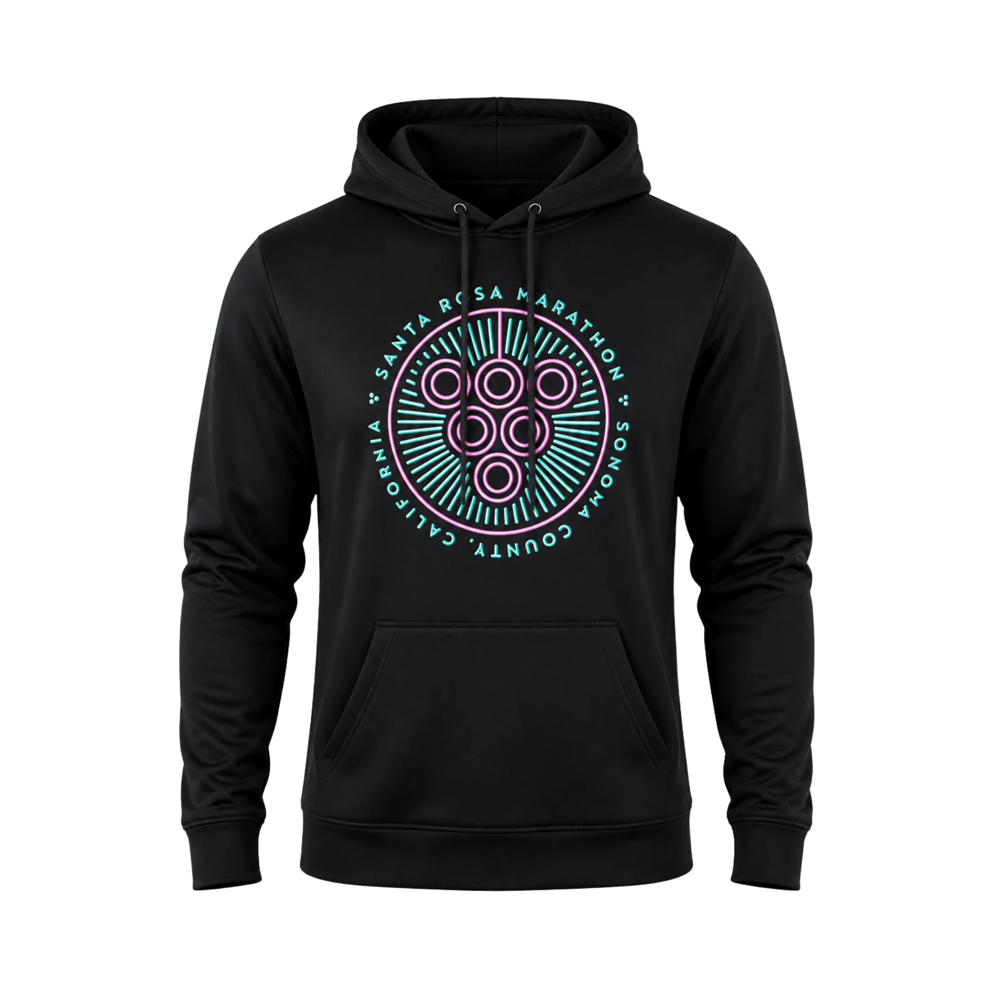 Black hoodie with a colorful graphic