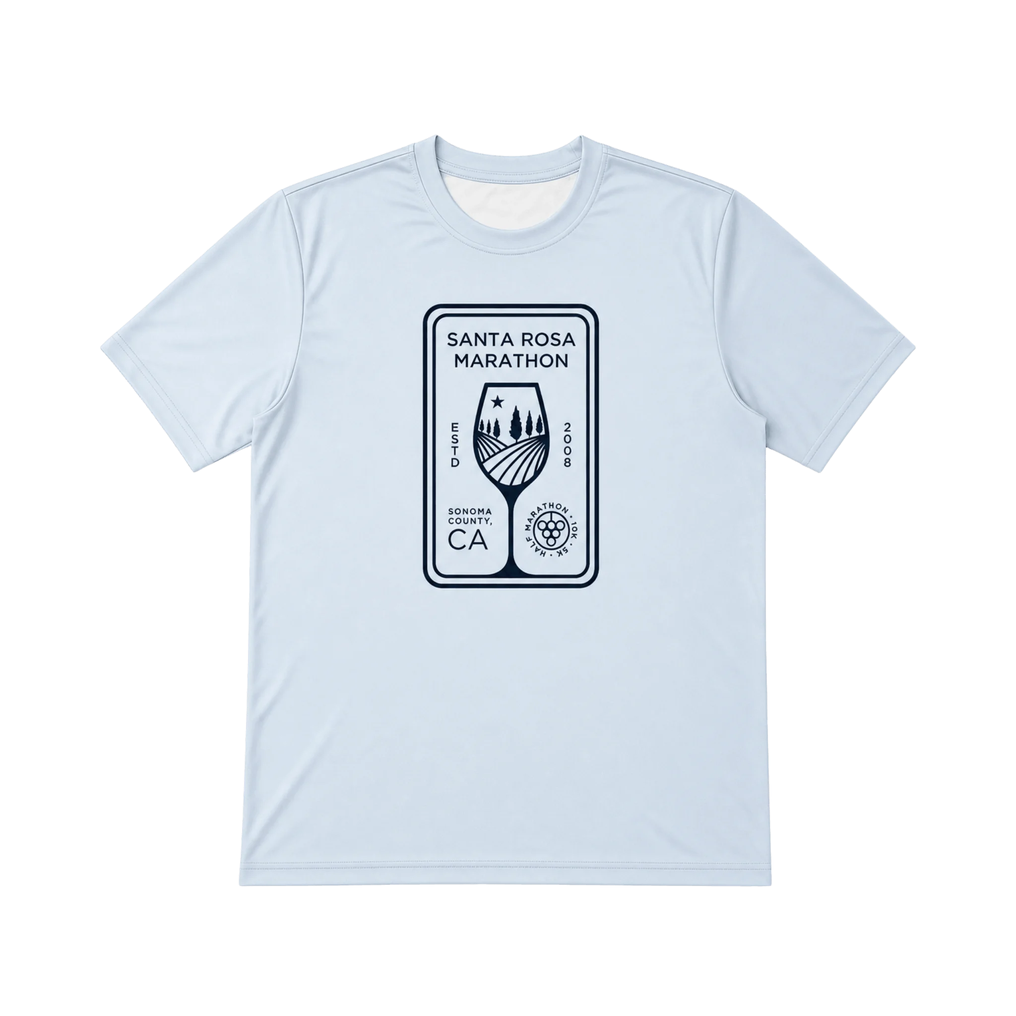 Light blue t-shirt with a Santa Rosa Marathon graphic design