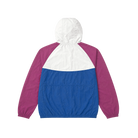 Color-blocked jacket with white, blue, and magenta sections