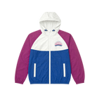 Color-blocked jacket with white, blue, and magenta sections and Santa Rosa Marathon logo