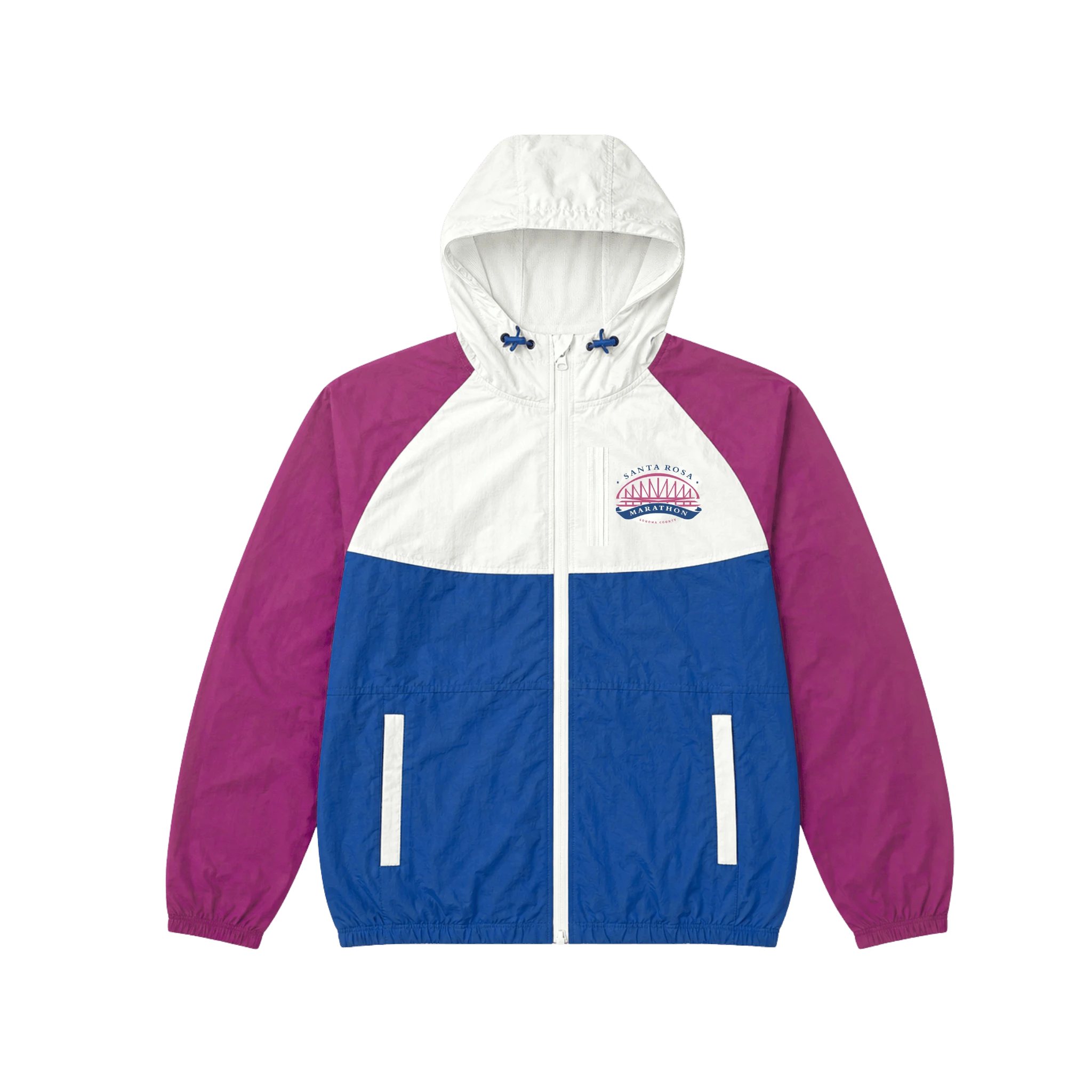 Color-blocked jacket with white, blue, and magenta sections and Santa Rosa Marathon logo