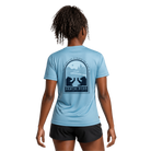 A woman shown from the back wearing a light blue short-sleeve athletic T-shirt with a large dark blue Santa Rosa graphic on the back