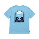 A light blue short-sleeve t-shirt shown from the back, featuring a large dark blue graphic print of Santa Rosa winery bears