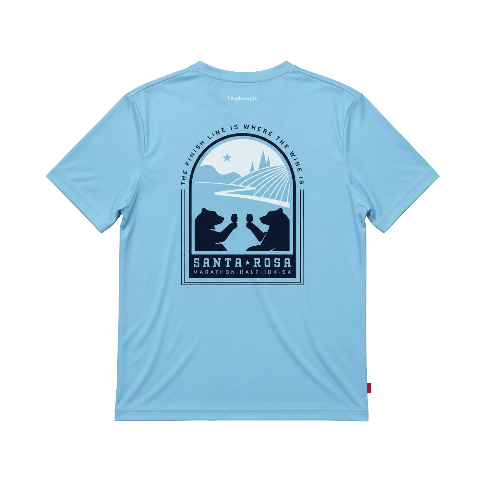 A light blue short-sleeve t-shirt shown from the back, featuring a large dark blue graphic print of Santa Rosa winery bears