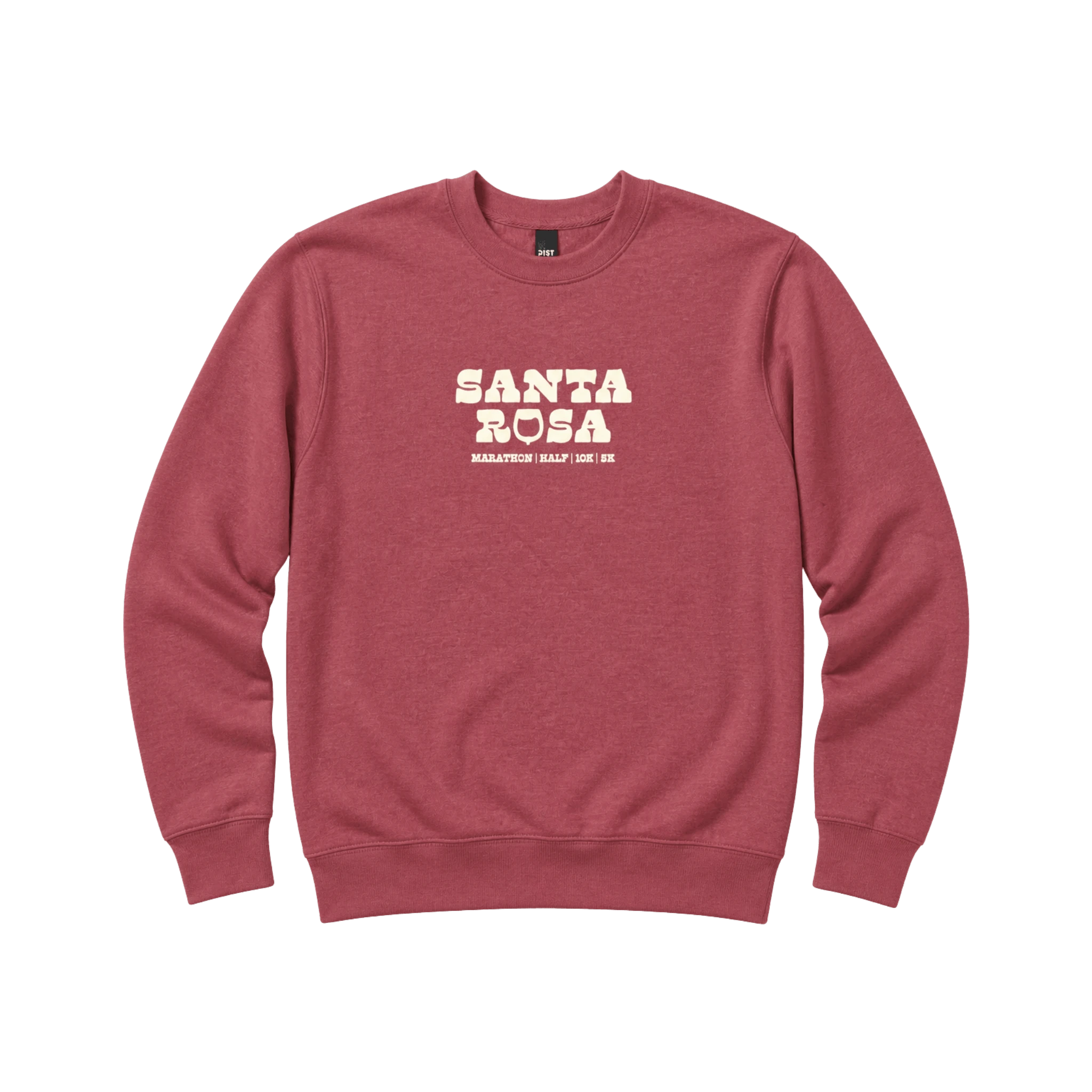 Red sweatshirt with 'Santa Rosa Marathon, Half, 10K, 5K' printed on center chest