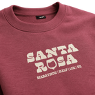 Red sweatshirt with 'Santa Rosa Marathon, Half, 10K, 5K' printed on center chest