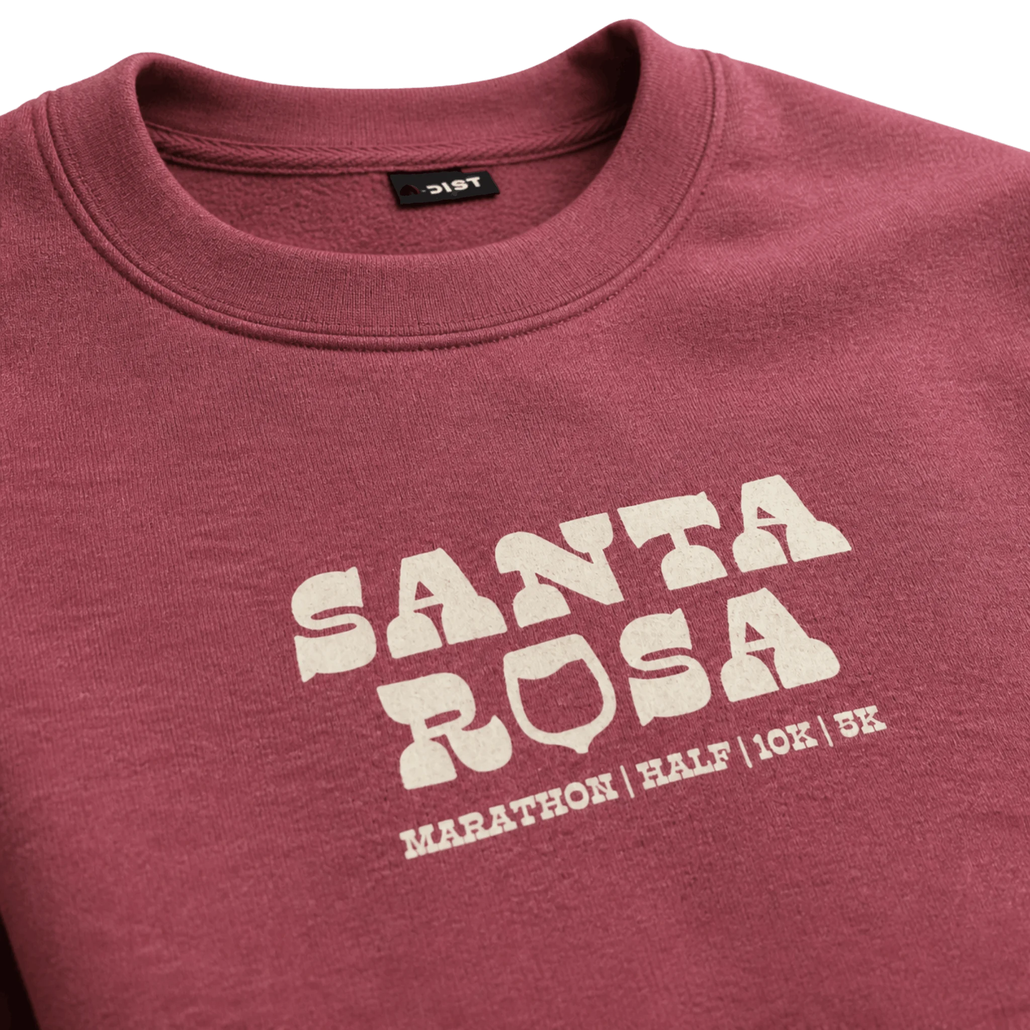 Red sweatshirt with 'Santa Rosa Marathon, Half, 10K, 5K' printed on center chest
