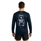 A man viewed from the back wearing a dark navy long-sleeve athletic shirt with a white Santa Rosa Marathon graphic on the back