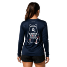 A woman shown from the back wearing a navy long-sleeve athletic shirt with a large Santa Rosa Marathon graphic on the back
