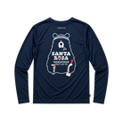 A navy blue long-sleeve performance shirt featuring a large white Santa Rosa Marathon graphic on the back with a bear silhouette and red accents