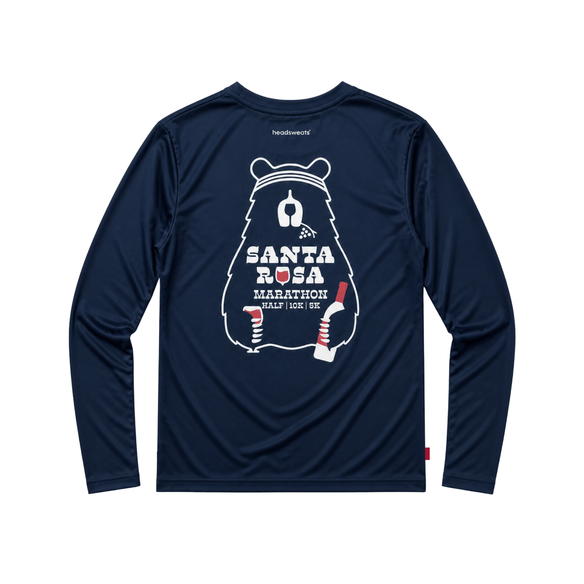 A navy blue long-sleeve performance shirt featuring a large white Santa Rosa Marathon graphic on the back with a bear silhouette and red accents