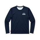 A navy blue long-sleeve athletic shirt with a small white Santa Rosa Marathon chest logo