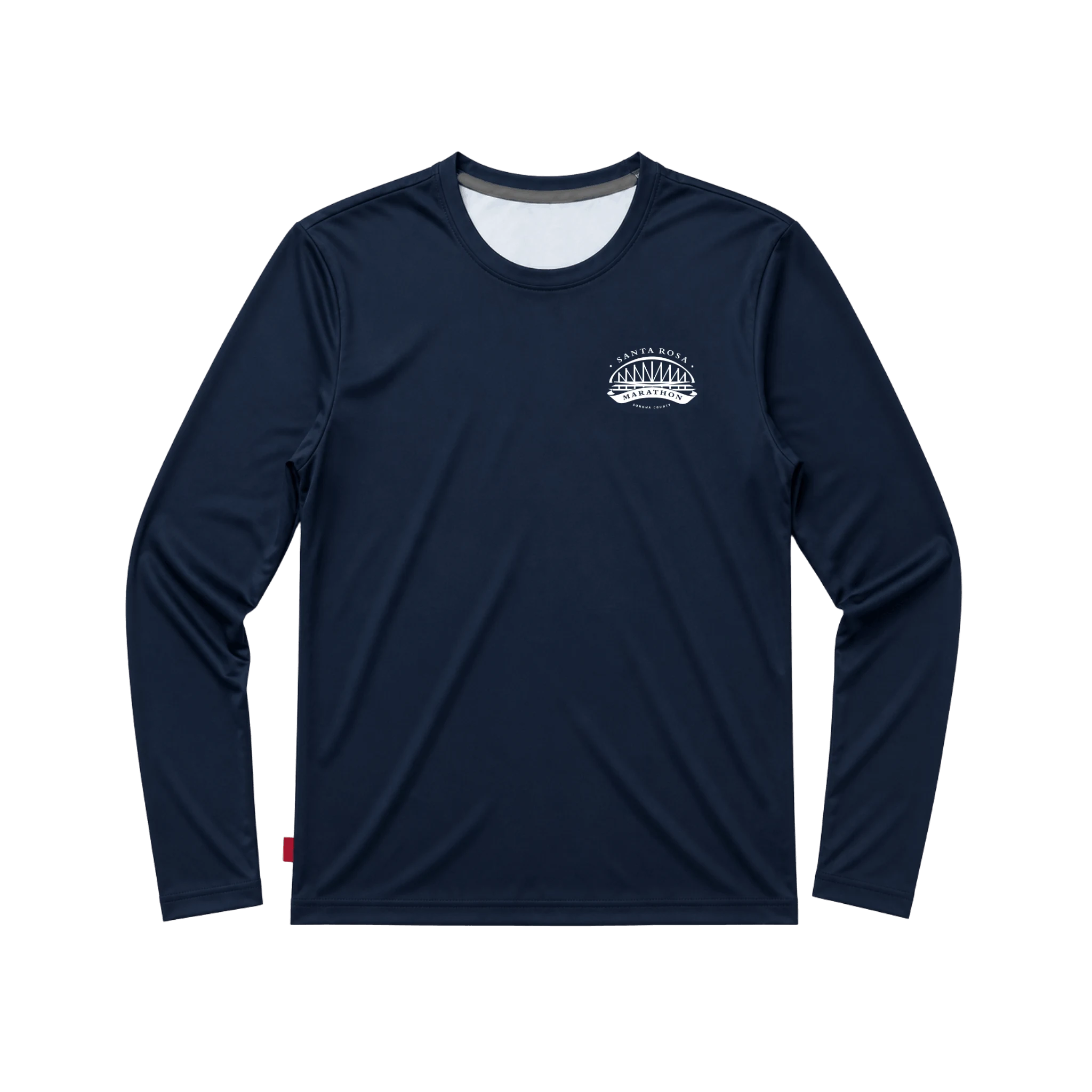 A navy blue long-sleeve athletic shirt with a small white Santa Rosa Marathon chest logo
