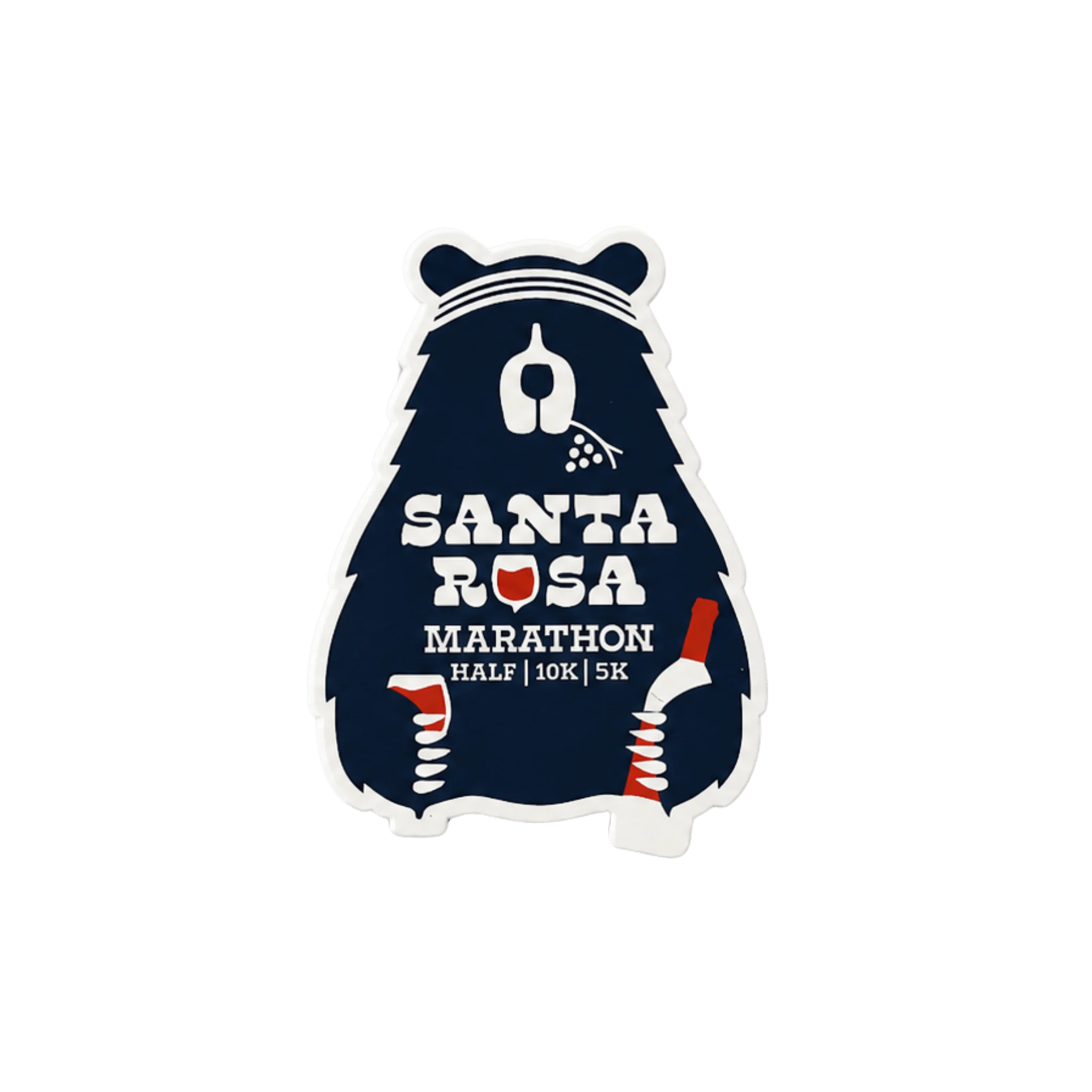A die-cut sticker featuring a stylized dark blue bear holding wine bottles, with the text 'SANTA ROSA MARATHON HALF 10K 5K' in white